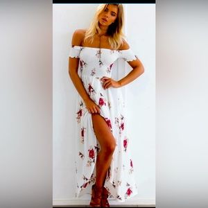 NWT Sexy Smoked Off Shoulder
White Floral Maxi Dress with front slit